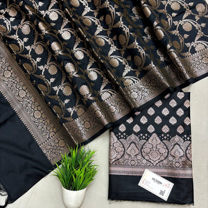 Black Singhasan Buti Semi Katan Silk Banarasi Suit
