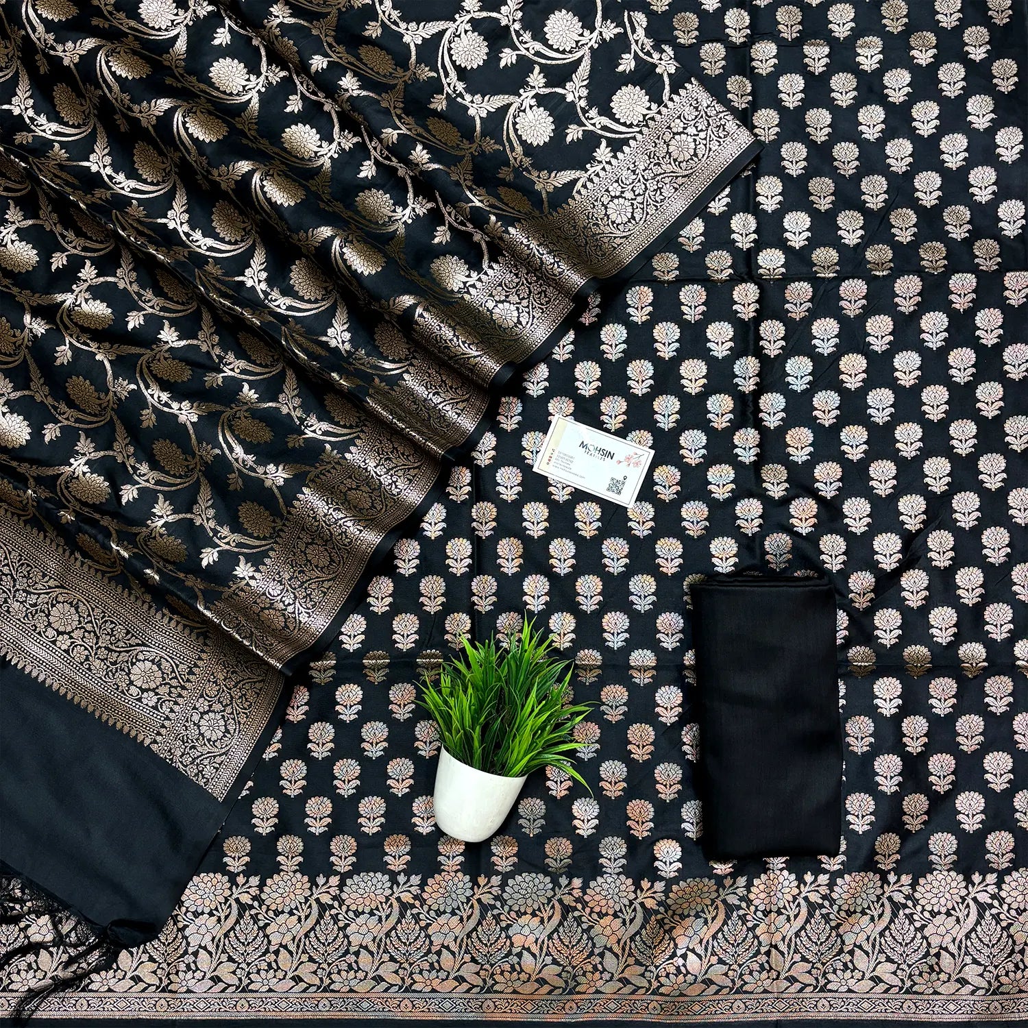 Black Sunflower Semi Katan Silk Banarasi Suit