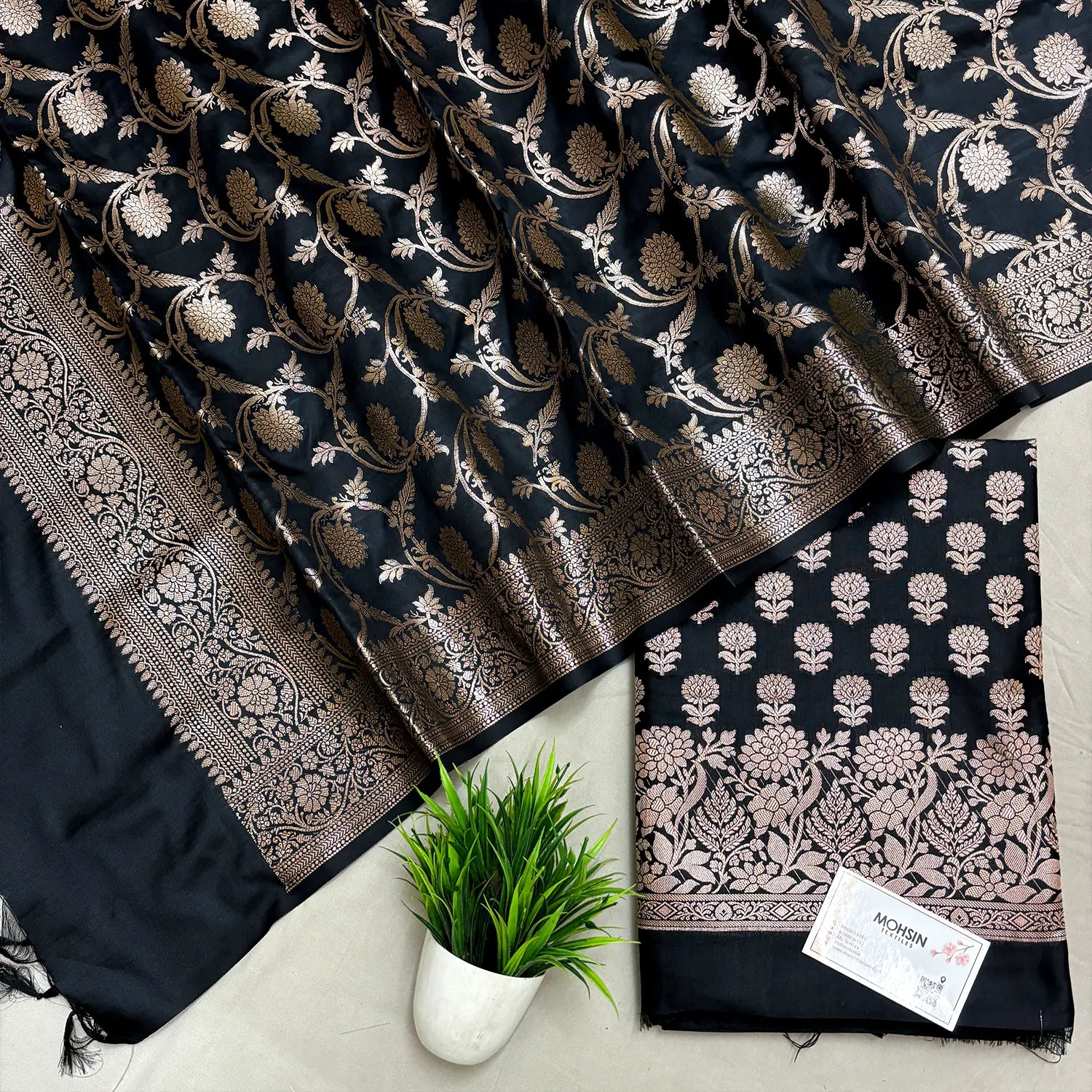 Black Sunflower Semi Katan Silk Banarasi Suit