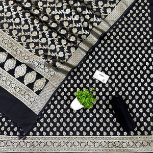 Black Tedhi Patti Katan Silk Banarasi Suit