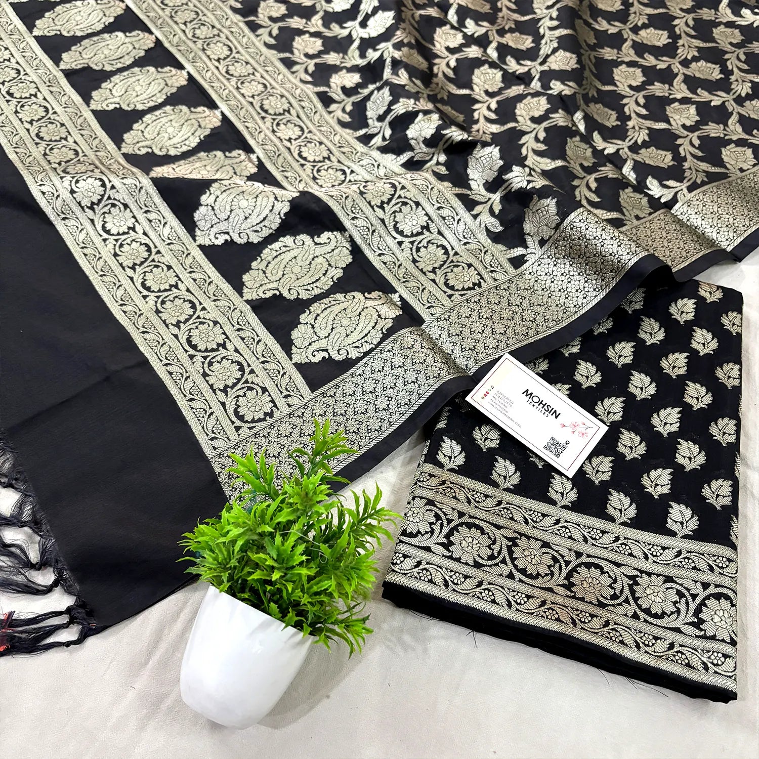 Black Tedhi Patti Katan Silk Banarasi Suit