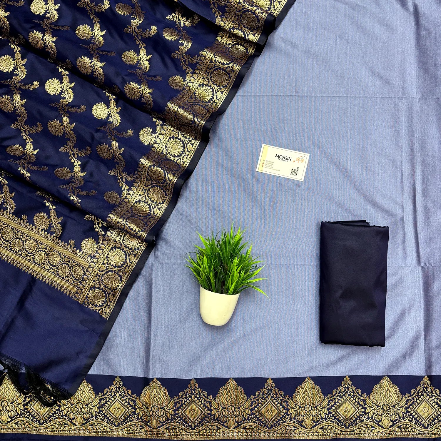 Blue and Navy Blue Plain Semi Katan Silk Banarasi Silk Suit