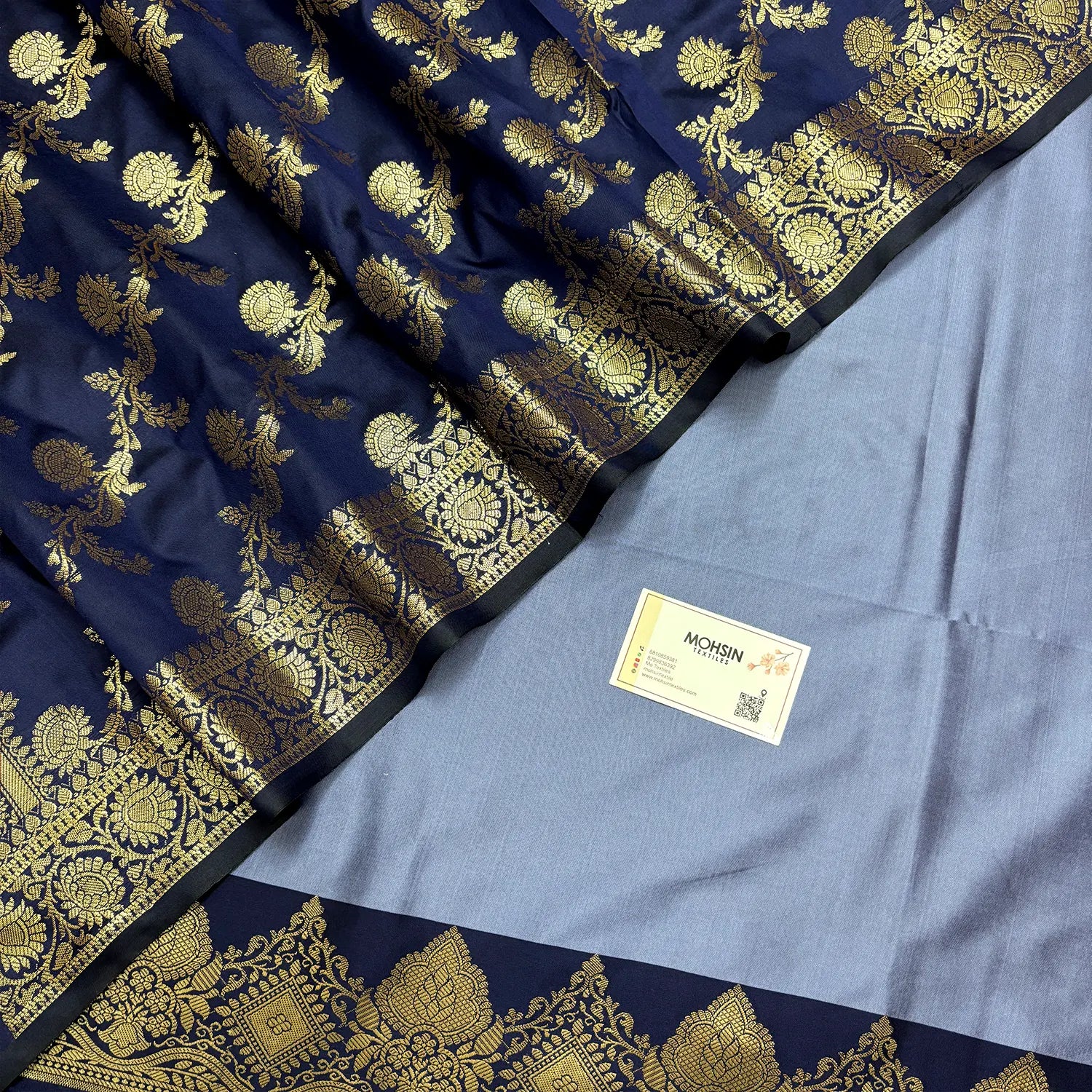 Blue and Navy Blue Plain Semi Katan Silk Banarasi Silk Suit