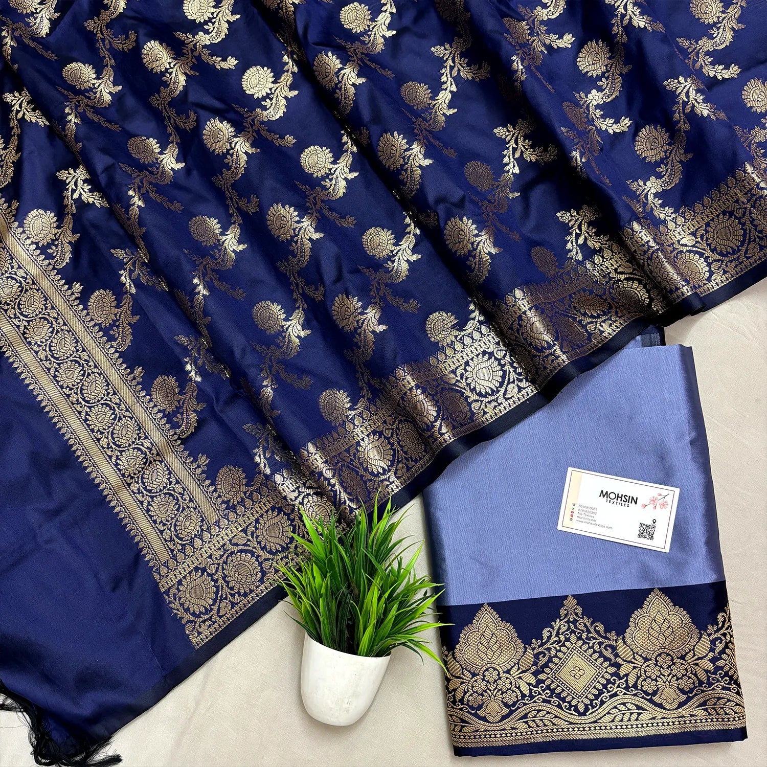 Blue and Navy Blue Plain Semi Katan Silk Banarasi Silk Suit