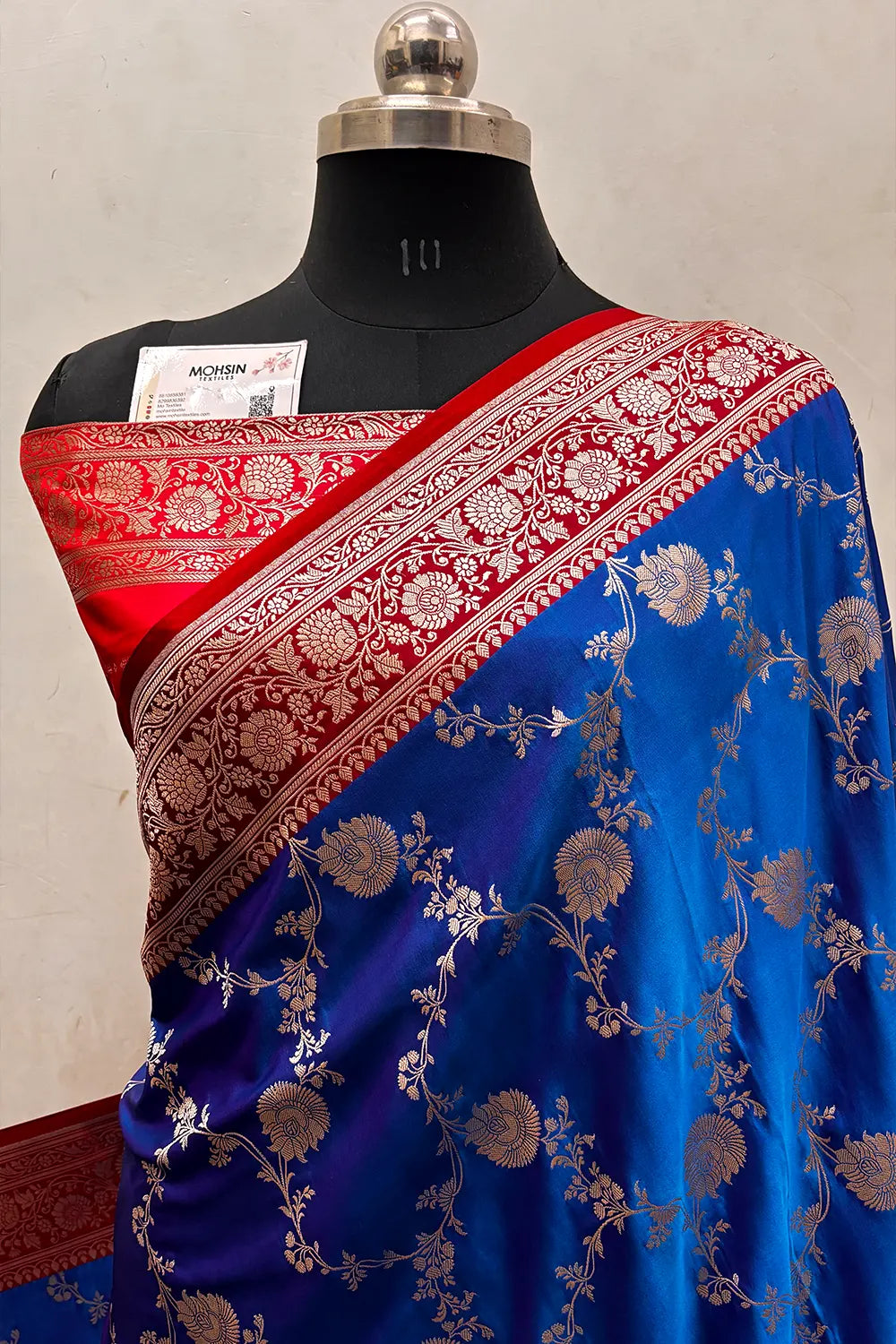 Blue and Red Zari Katan Silk Banarasi Saree