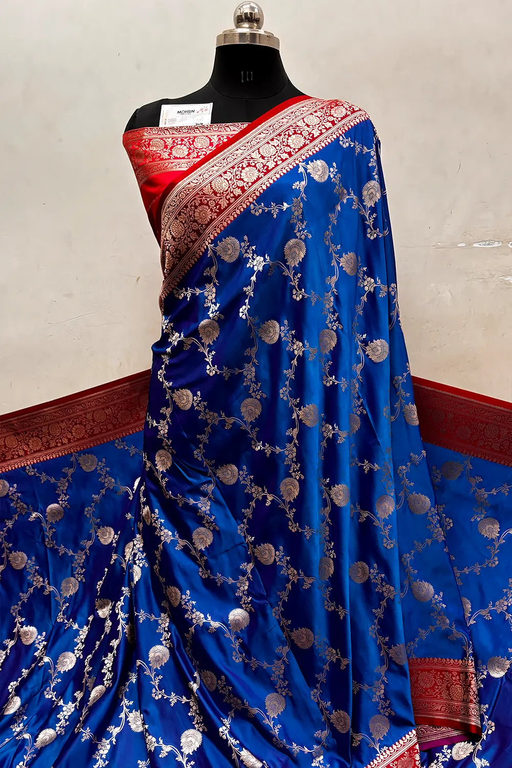 Blue and Red Zari Katan Silk Banarasi Saree