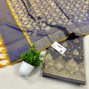 Blue Pankh Buti Satin Silk Banarasi Suit