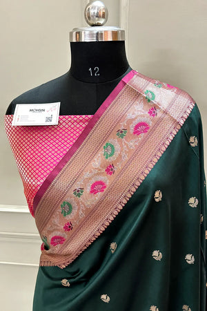 Bottle Green and Pink Buti Banarasi Silk Saree