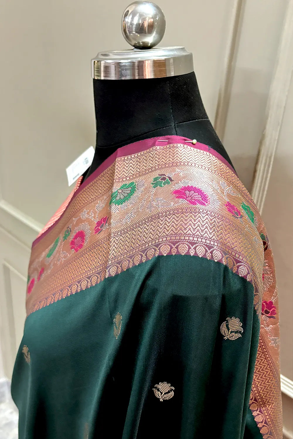 Bottle Green and Pink Buti Banarasi Silk Saree