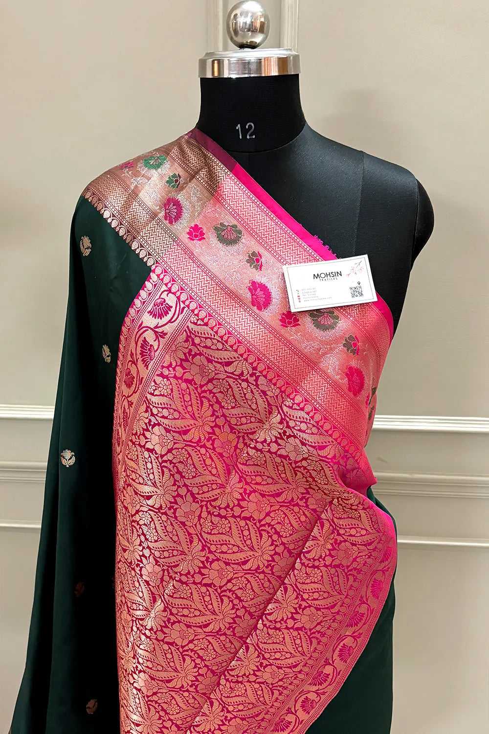 Bottle Green and Pink Buti Banarasi Silk Saree
