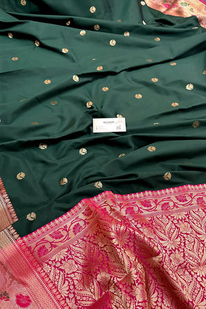 Bottle Green and Pink Buti Banarasi Silk Saree