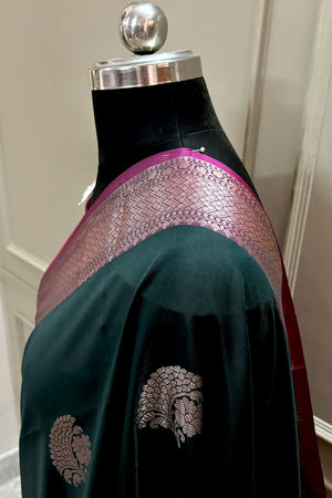 Bottle Green and Pink Golden Zari Banarasi Silk Saree