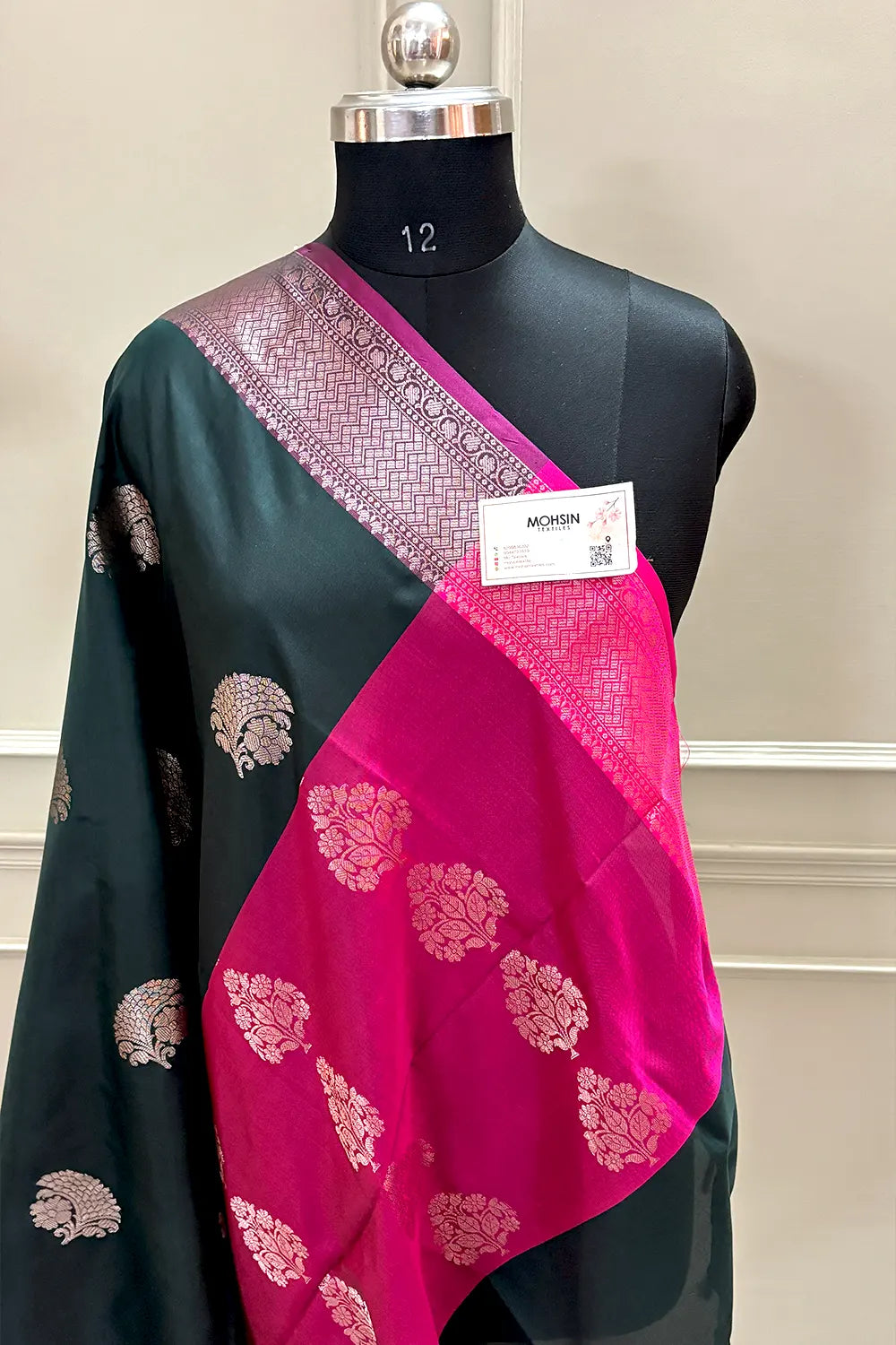 Bottle Green and Pink Golden Zari Banarasi Silk Saree