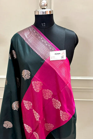 Bottle Green and Pink Golden Zari Banarasi Silk Saree