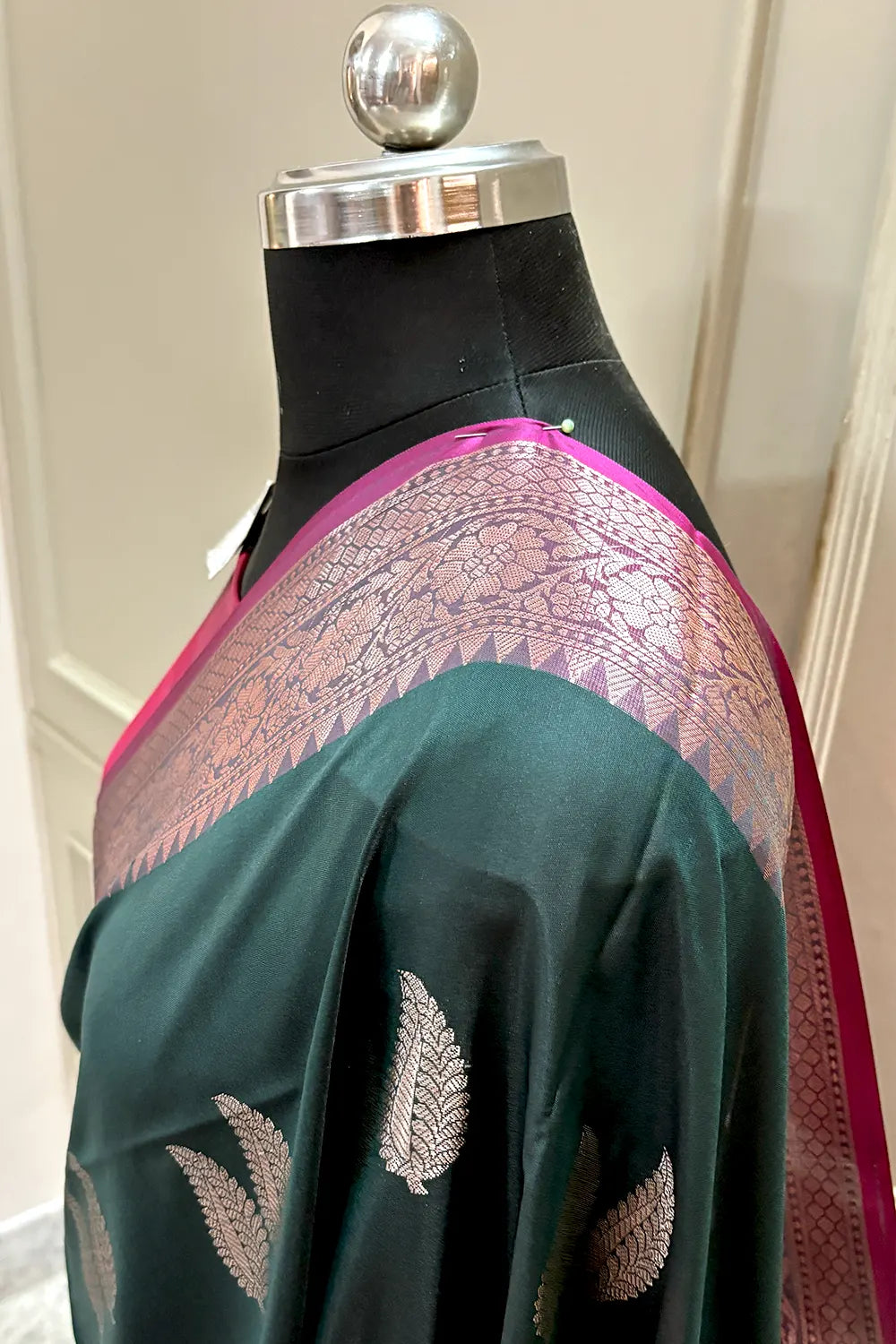 Bottle Green and Pink Golden Zari Banarasi Silk Saree