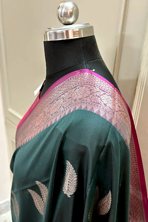 Bottle Green and Pink Golden Zari Banarasi Silk Saree