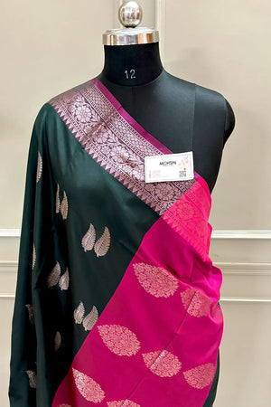 Bottle Green and Pink Golden Zari Banarasi Silk Saree
