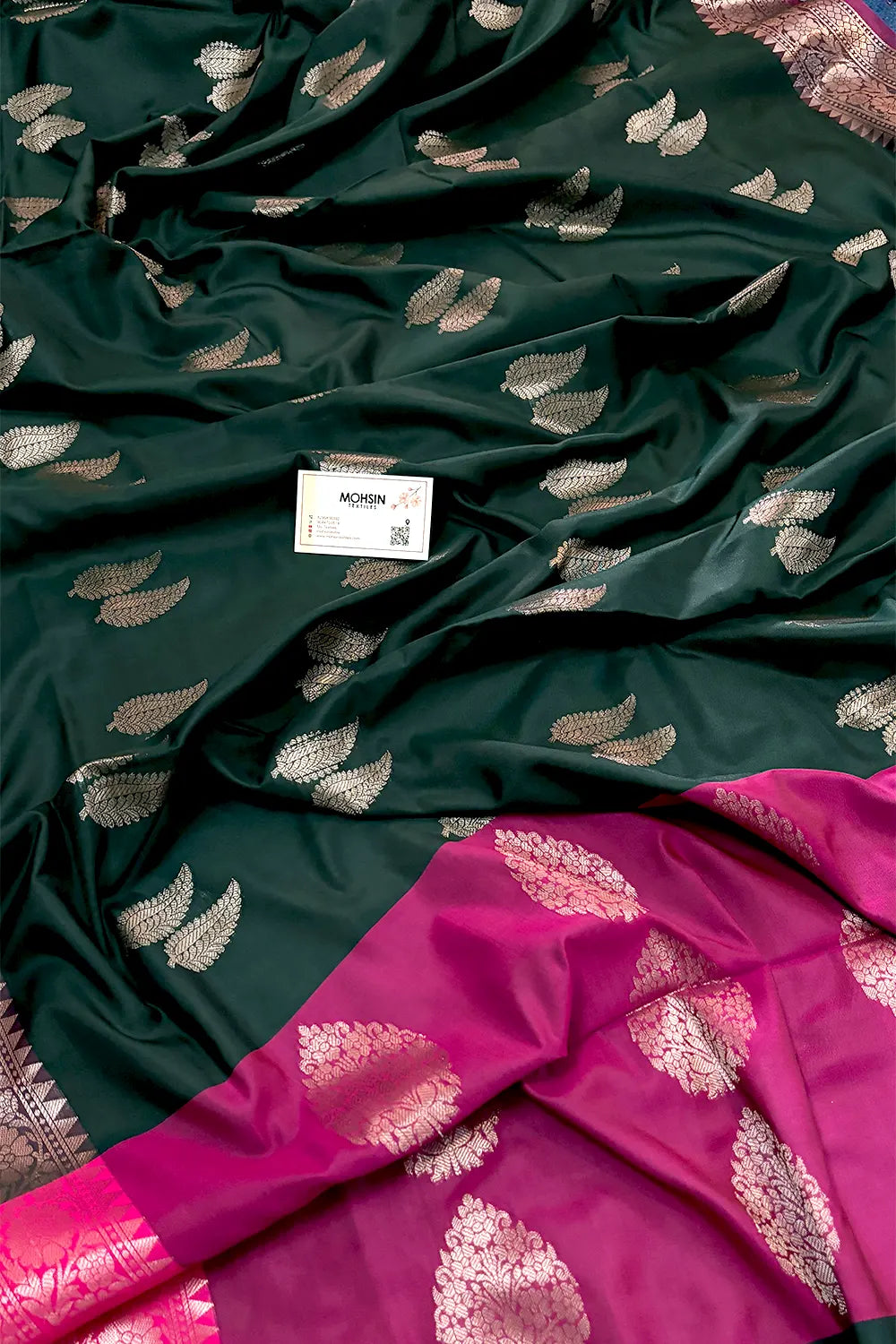 Bottle Green and Pink Golden Zari Banarasi Silk Saree