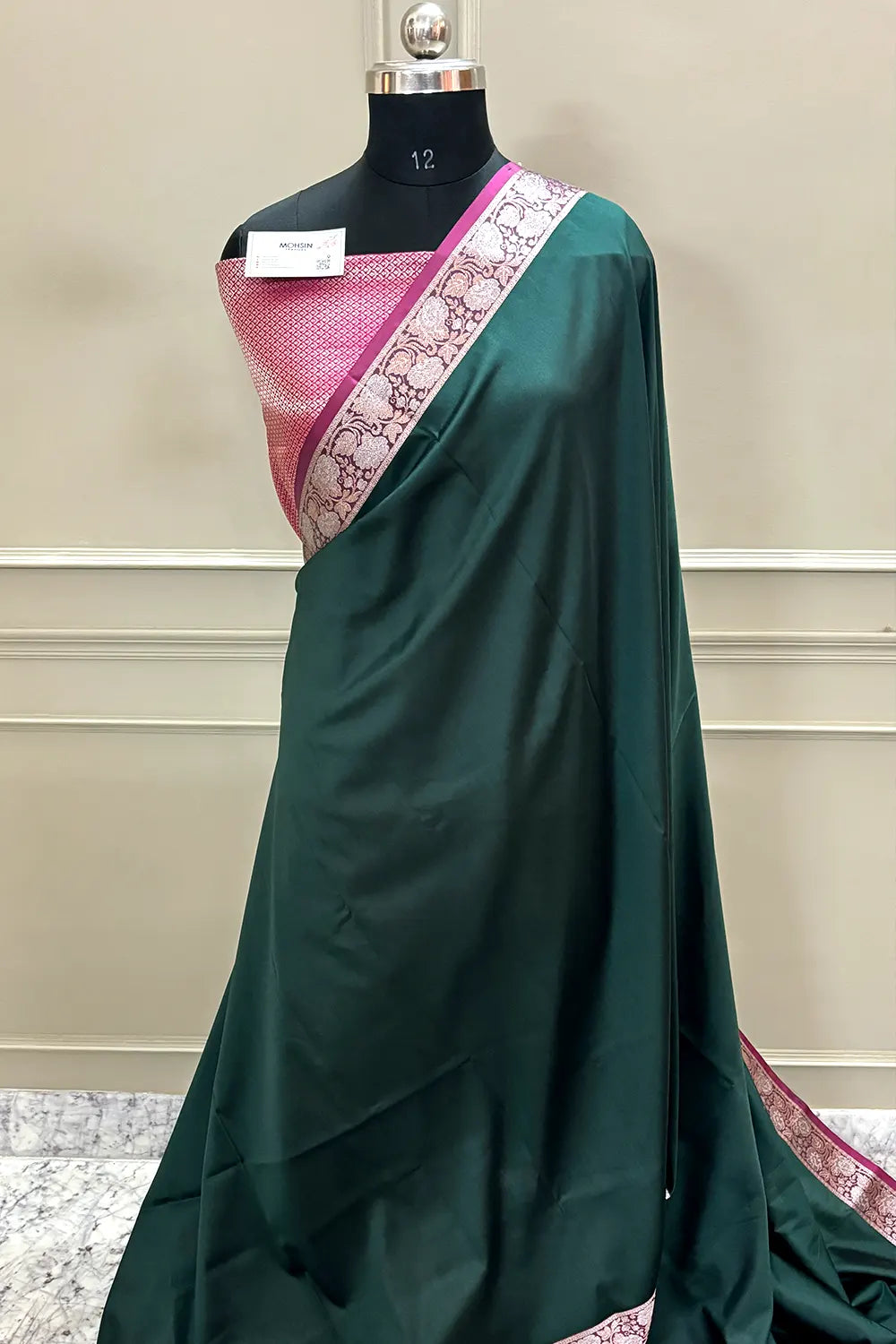 Bottle Green and Pink Plain Banarasi Silk Saree