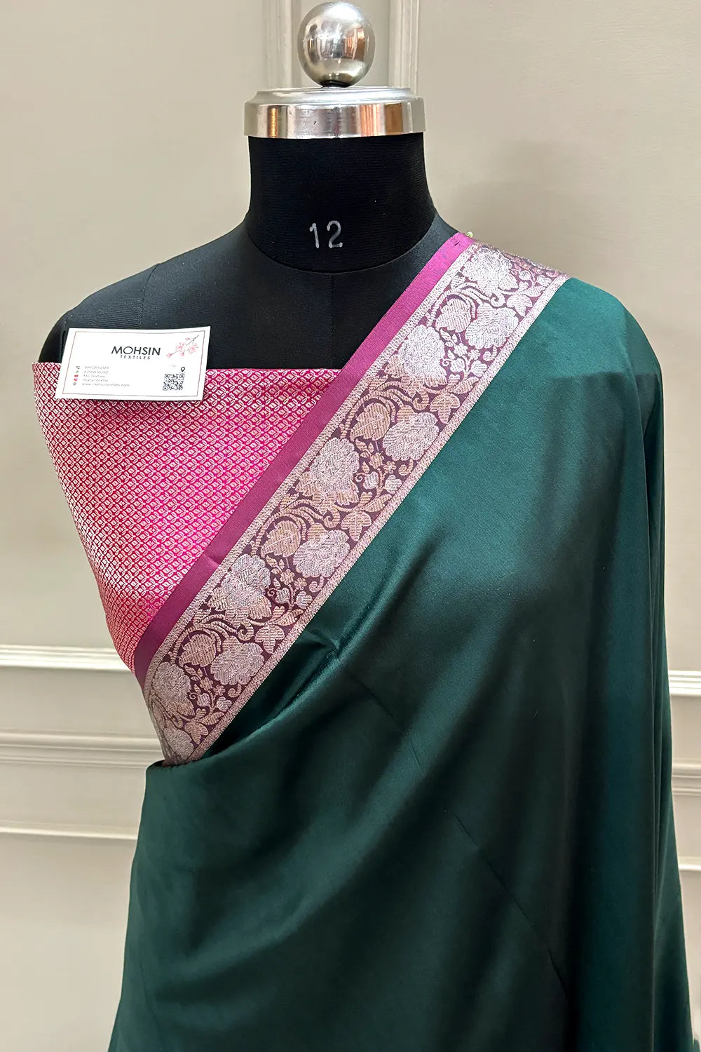 Bottle Green and Pink Plain Banarasi Silk Saree