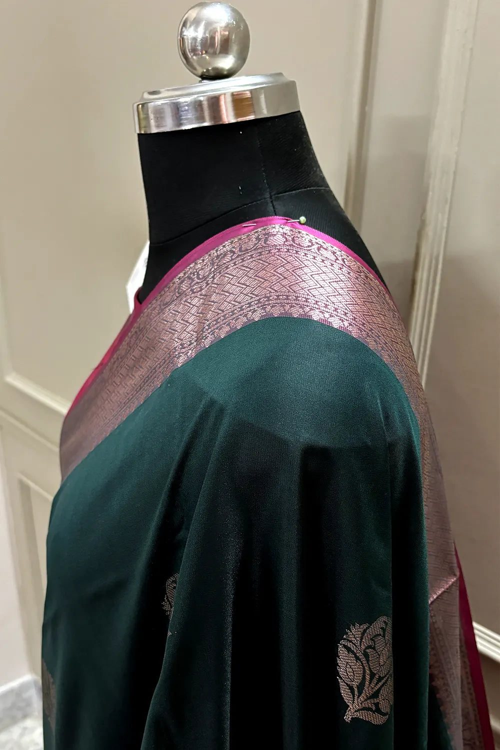 Bottle Green and Pink Zari Banarasi Silk Saree