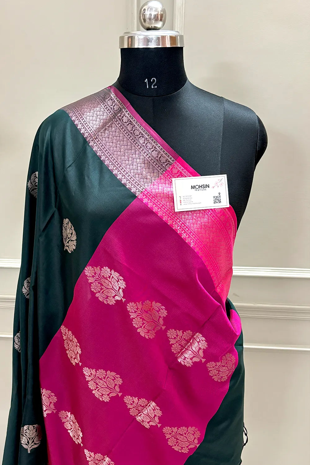Bottle Green and Pink Zari Banarasi Silk Saree