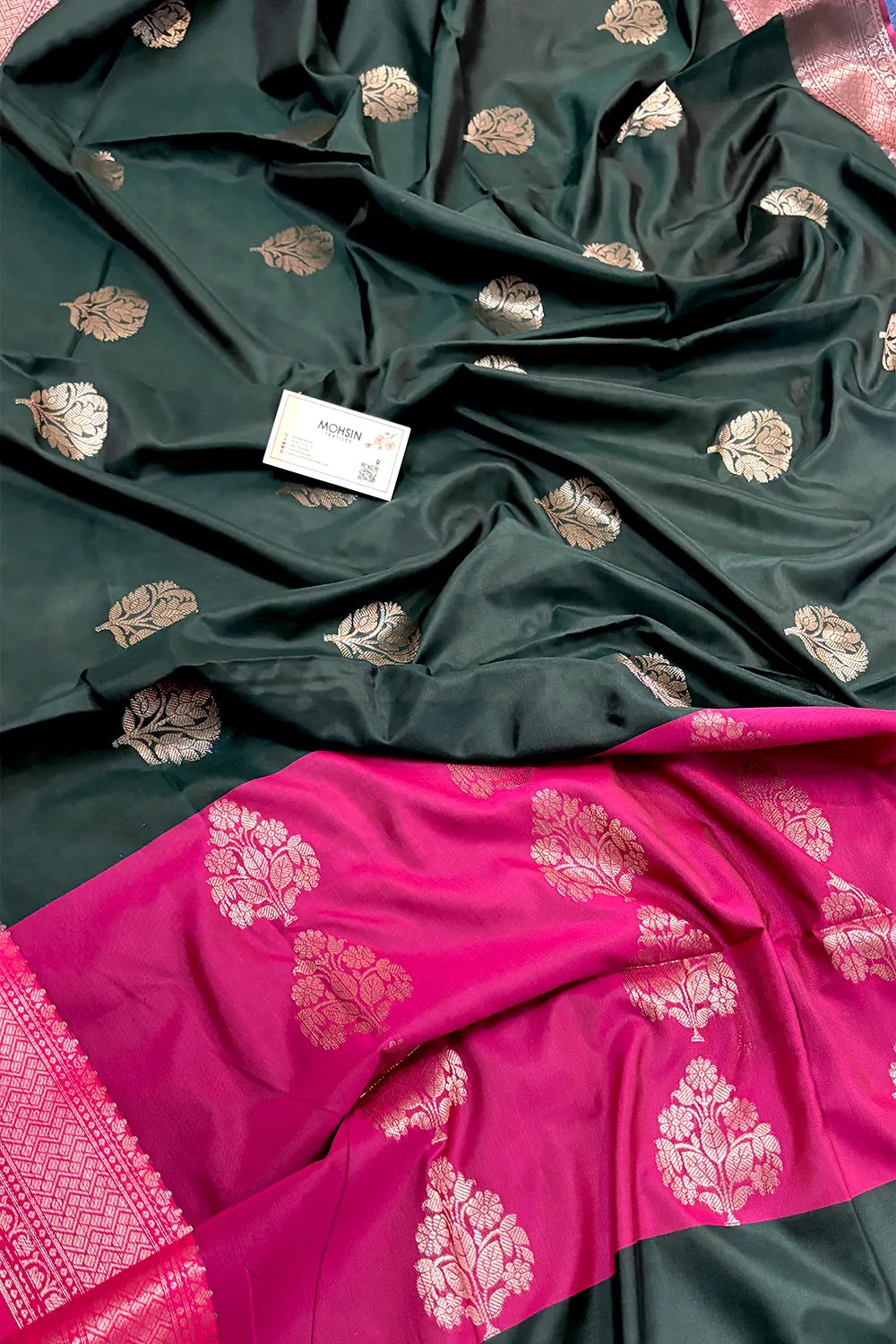 Bottle Green and Pink Zari Banarasi Silk Saree