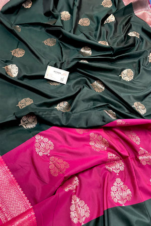 Bottle Green and Pink Zari Banarasi Silk Saree