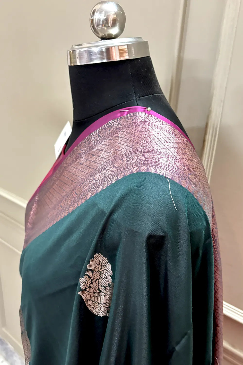 Bottle Green and Pink Zari Banarasi Silk Saree