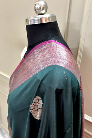 Bottle Green and Pink Zari Banarasi Silk Saree