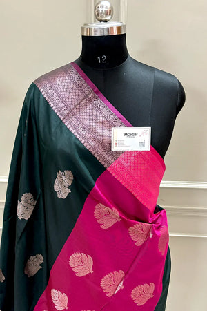 Bottle Green and Pink Zari Banarasi Silk Saree