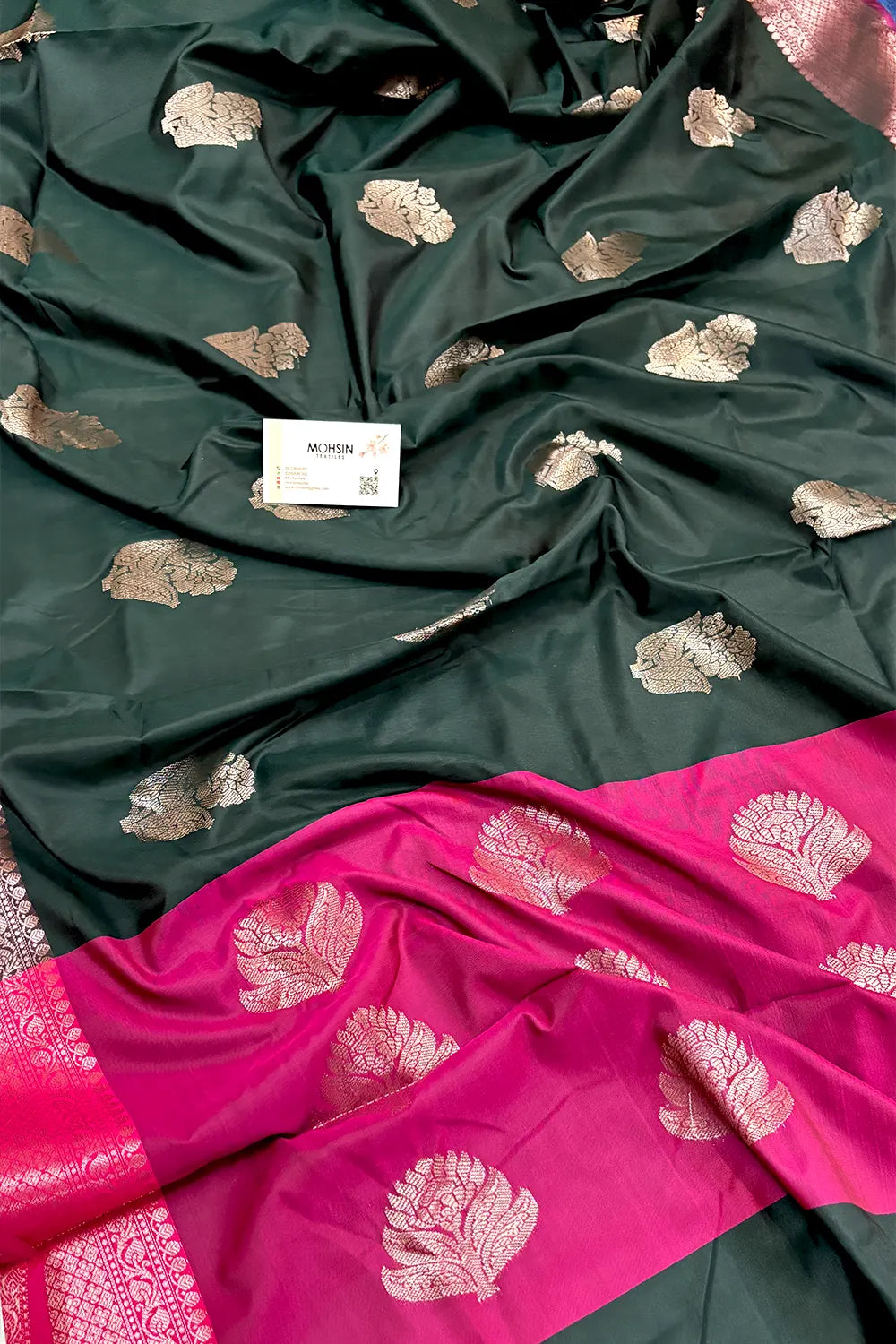 Bottle Green and Pink Zari Banarasi Silk Saree