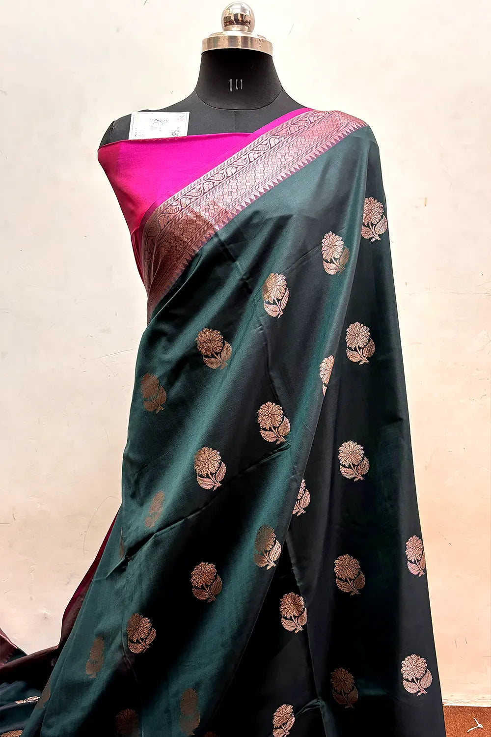 Bottle Green and Pink Zari Semi Katan Silk Banarasi Saree