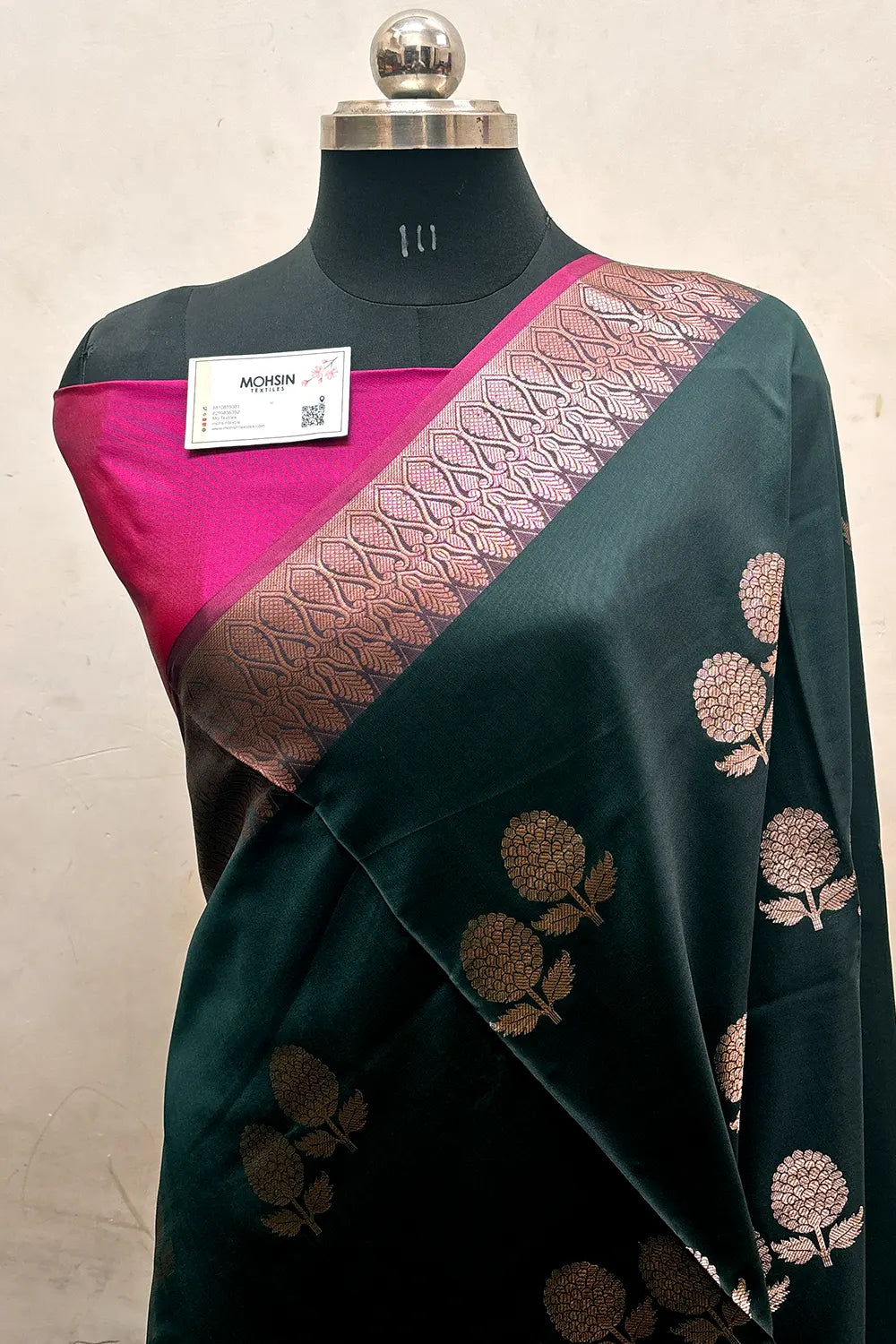 Bottle Green and Pink Zari Semi Katan Silk Banarasi Saree