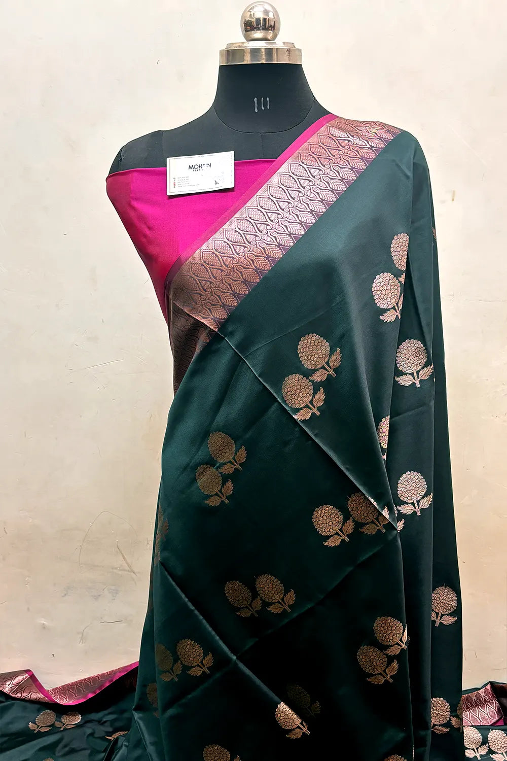 Bottle Green and Pink Zari Semi Katan Silk Banarasi Saree