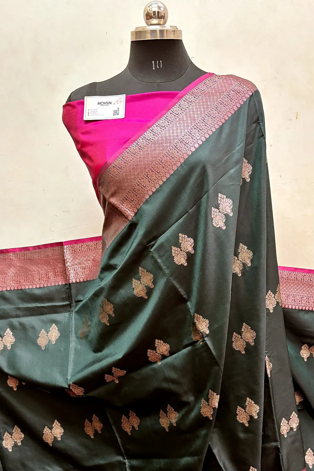 Bottle Green and Pink Zari Semi Katan Silk Banarasi Saree