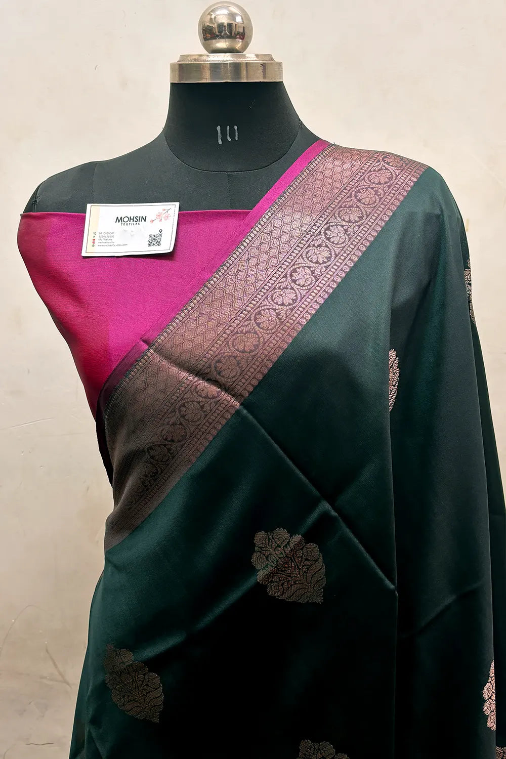 Bottle Green and Pink Zari Semi Katan Silk Banarasi Saree