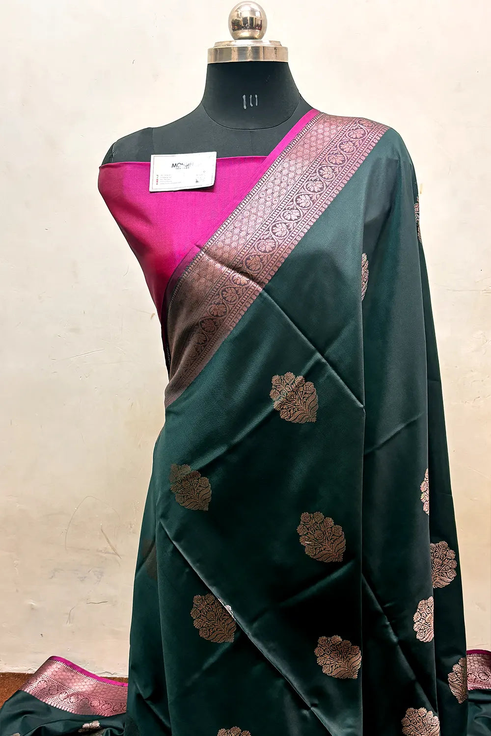 Bottle Green and Pink Zari Semi Katan Silk Banarasi Saree