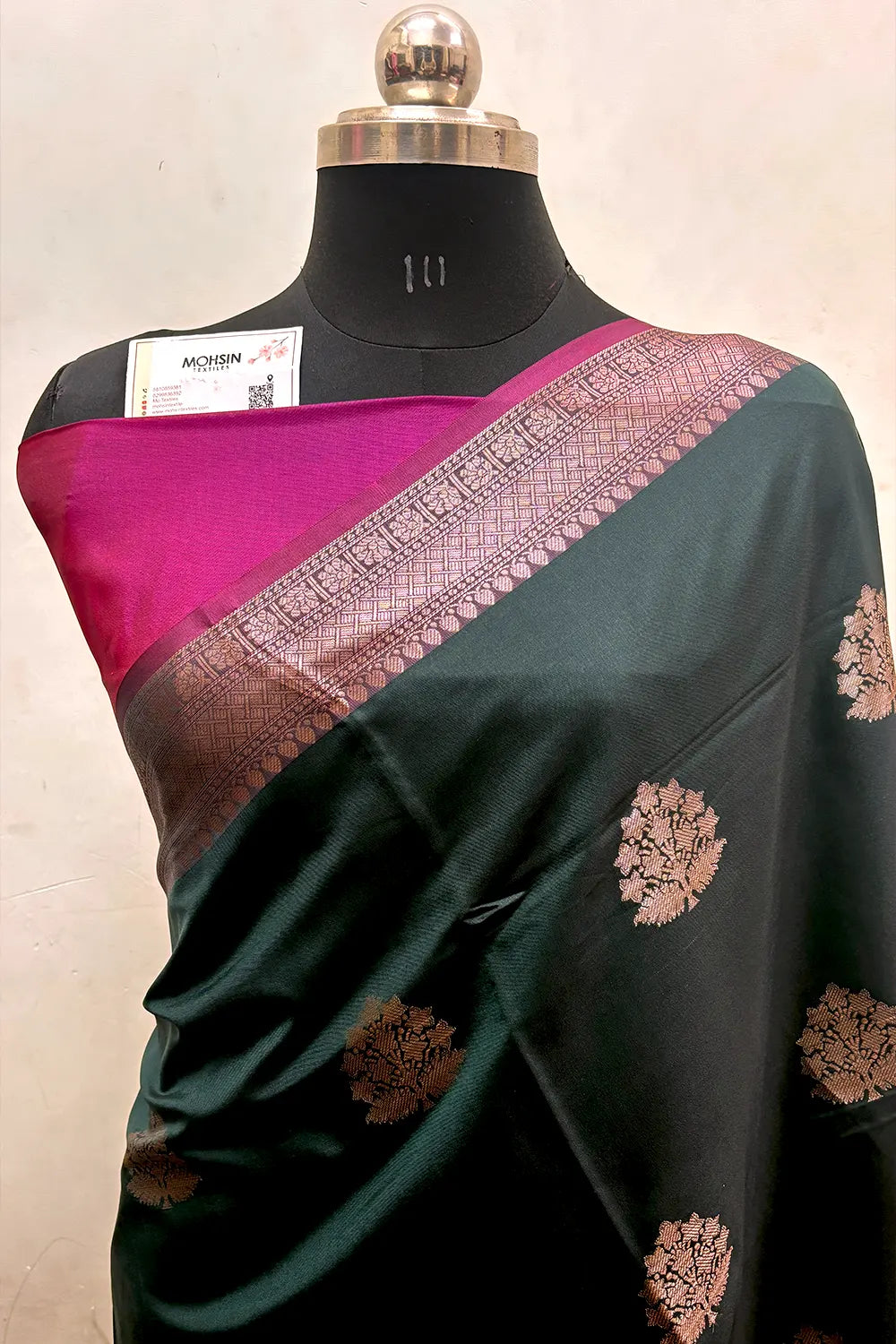 Bottle Green and Pink Zari Semi Katan Silk Banarasi Saree