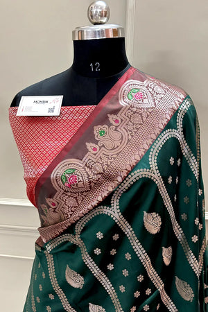Bottle Green and Red Zari Banarasi Silk Saree