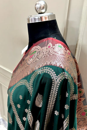 Bottle Green and Red Zari Banarasi Silk Saree