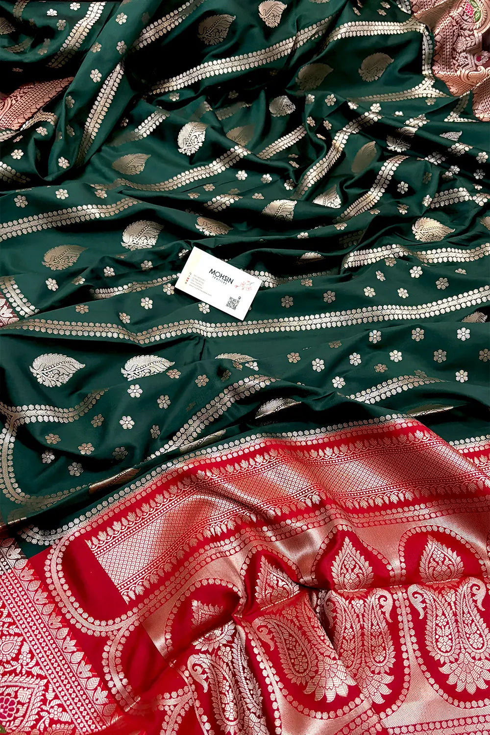 Bottle Green and Red Zari Banarasi Silk Saree