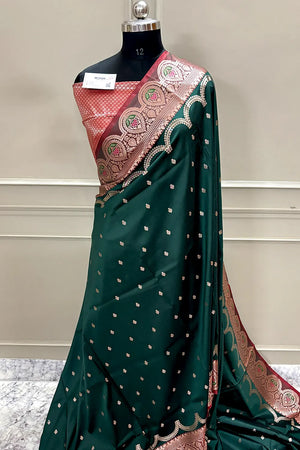Bottle Green and Red Zari Banarasi Silk Saree