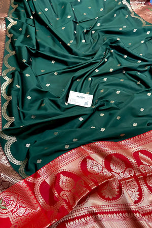 Bottle Green and Red Zari Banarasi Silk Saree