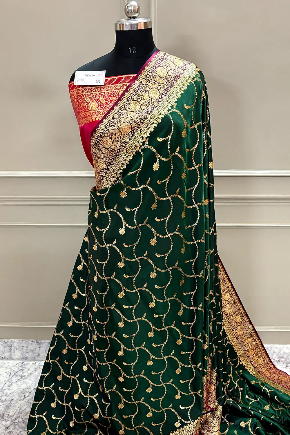Bottle Green and Red Zari Katan Silk Banarasi Saree