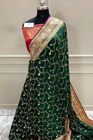 Bottle Green and Red Zari Katan Silk Banarasi Saree