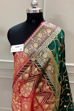 Bottle Green and Red Zari Katan Silk Banarasi Saree