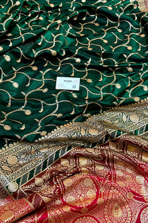 Bottle Green and Red Zari Katan Silk Banarasi Saree