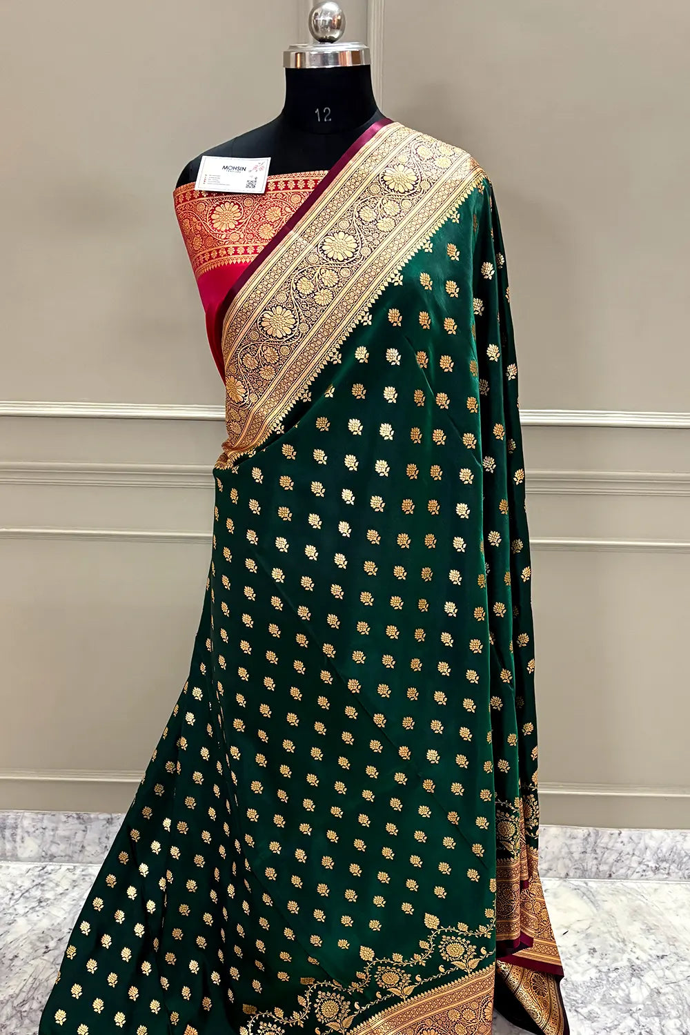 Bottle Green and Red Zari Katan Silk Banarasi Saree