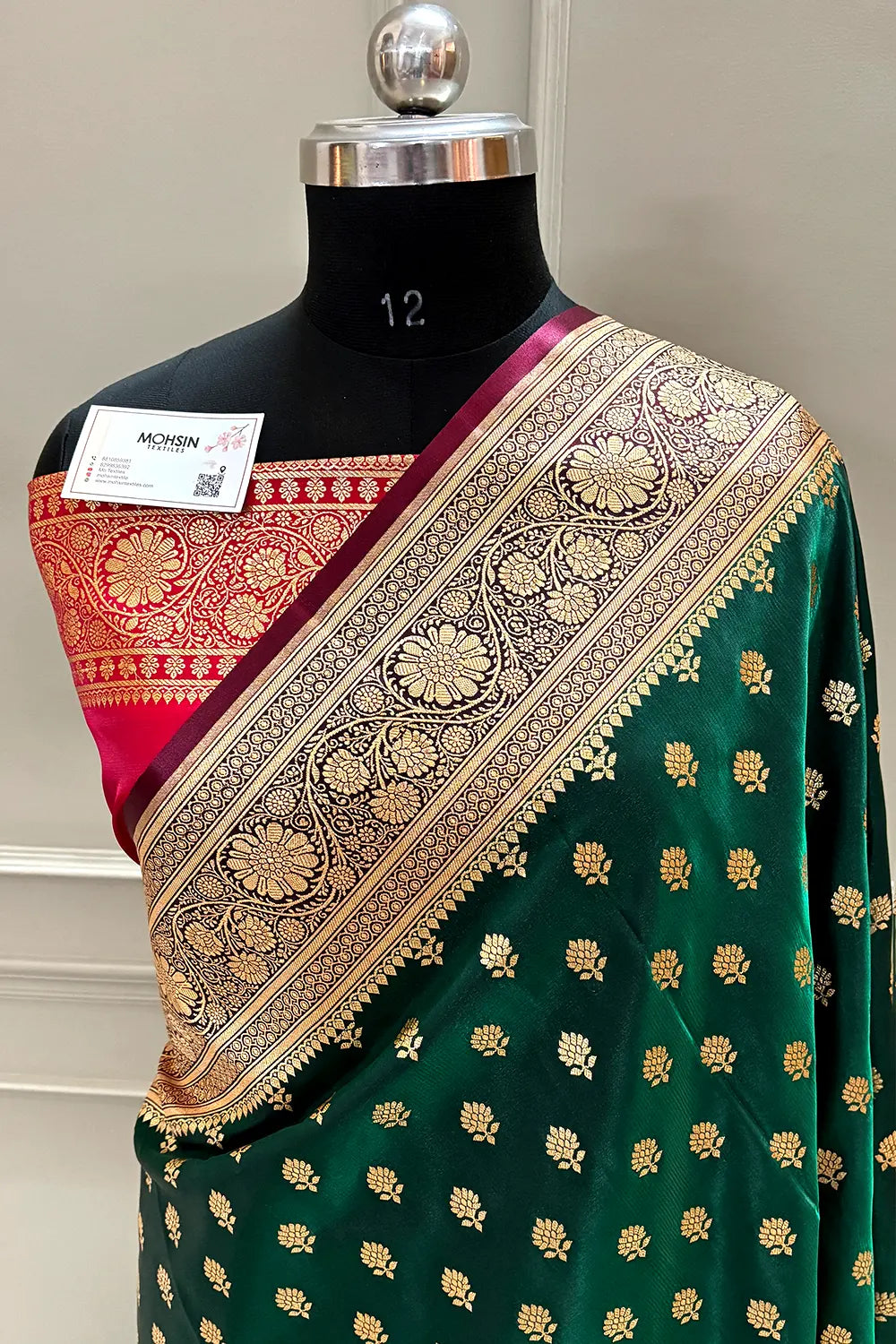 Bottle Green and Red Zari Katan Silk Banarasi Saree